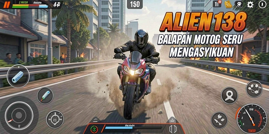 Tangkapan layar gameplay balapan motor yang mendebarkan.