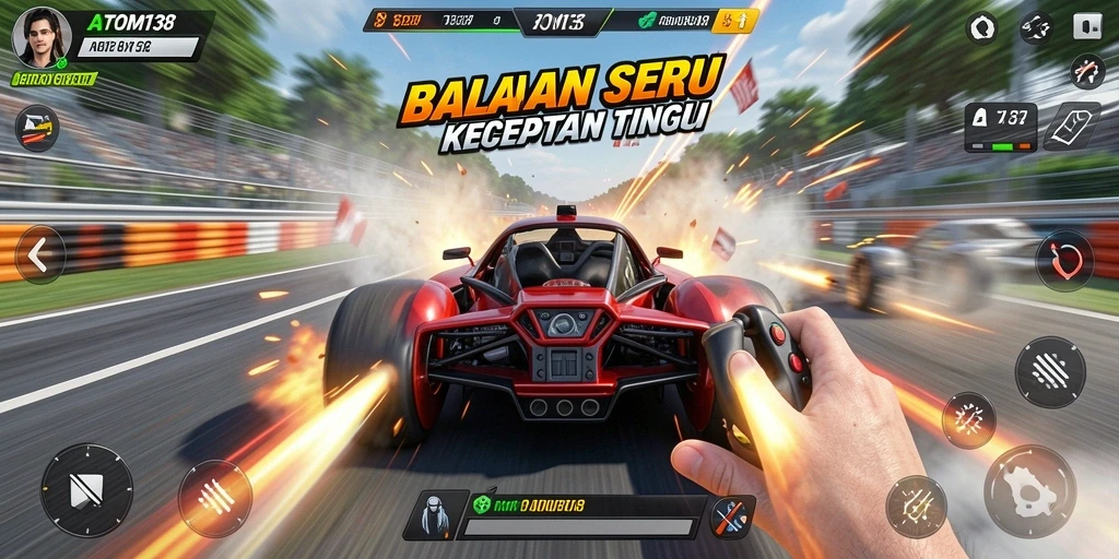Gameplay balapan seru di ATOM138 dengan mobil kencang.