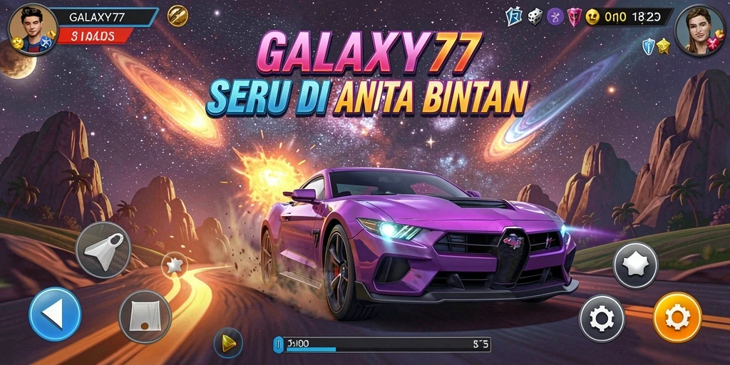 Tangkapan layar utama GALAXY77 menampilkan aksi balapan mendebarkan.