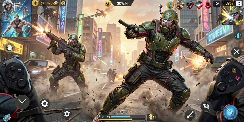 Tampak gameplay GOWIN yang penuh aksi dan pertarungan epik.