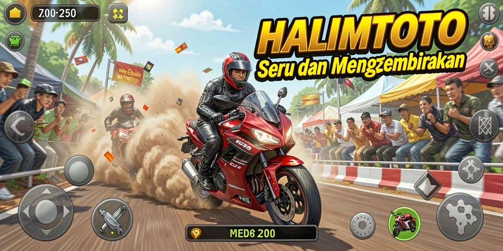 Screenshot HALIMTOTO menampilkan balapan motor yang mendebarkan.