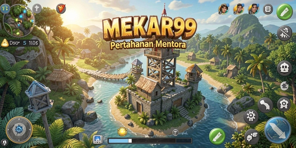 Gameplay MEKAR99 dengan berbagai menara yang berfungsi sebagai pertahanan.