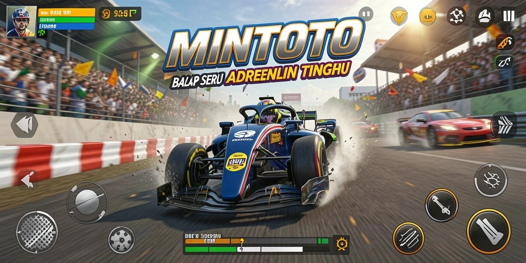 Tangkapan layar utama MINTOTO dengan aksi balapan yang mendebarkan.