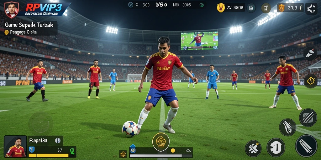 Screenshot gameplay RPVIP3 yang menunjukkan aksi di lapangan sepak bola.