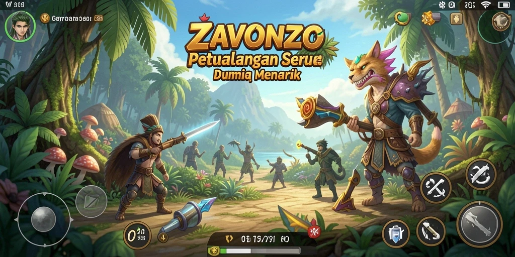Screenshot utama ZAVONZO menampilkan aksi seru di dunia petualangan.